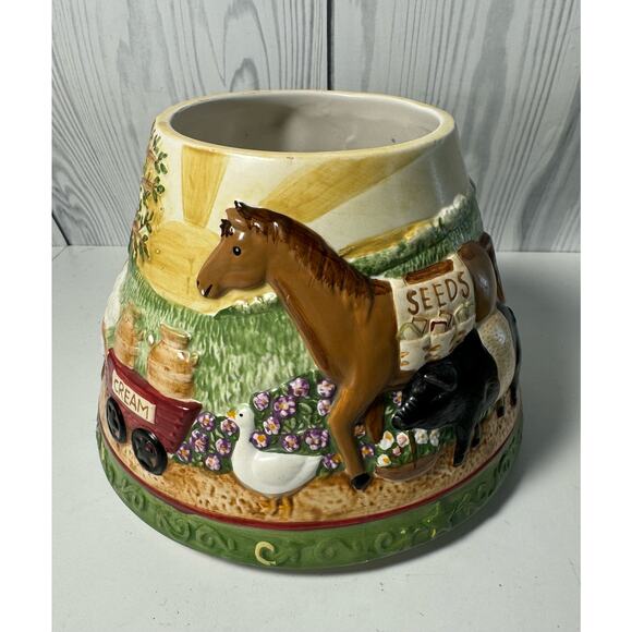HTF Yankee Candle Large Candle Jar Shade Topper Farm Barnyard w/Plate (READ) - Picture 6 of 12
